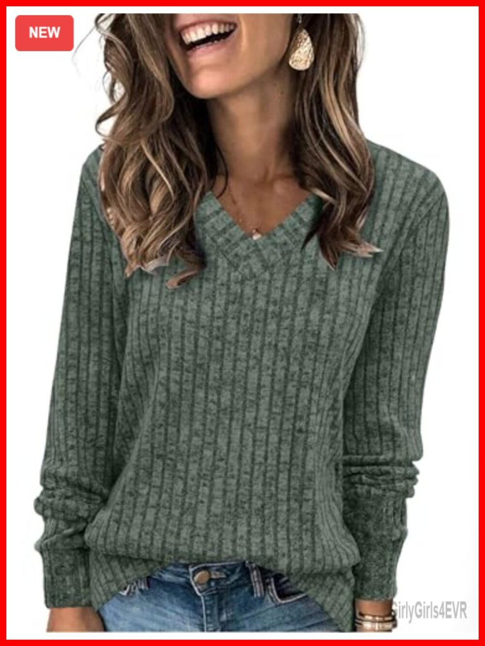 Women's V-Neck Long Sleeve Tunic Top Loose Fit Casual Fall Sweater